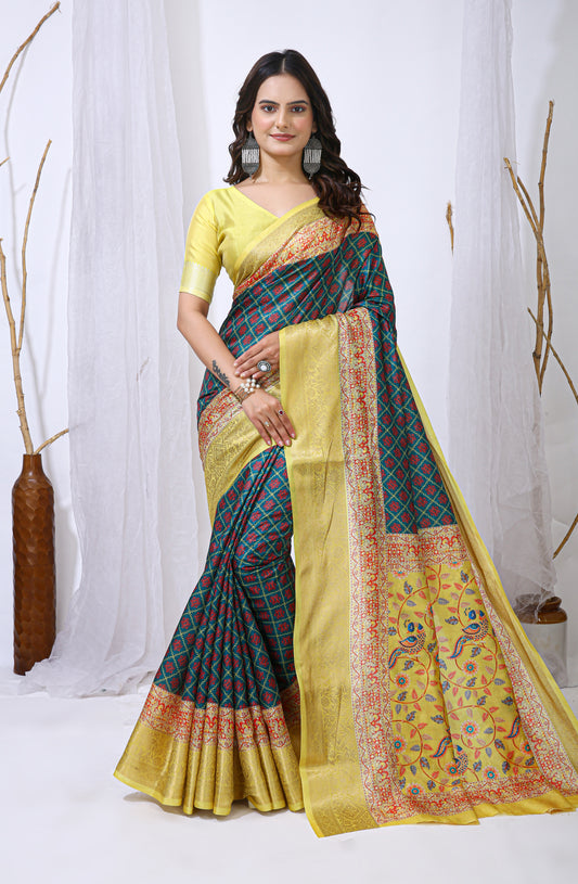 Yellow and Blue Color Dola Cotton Fabric Digital Print Saree With Blouse Piece