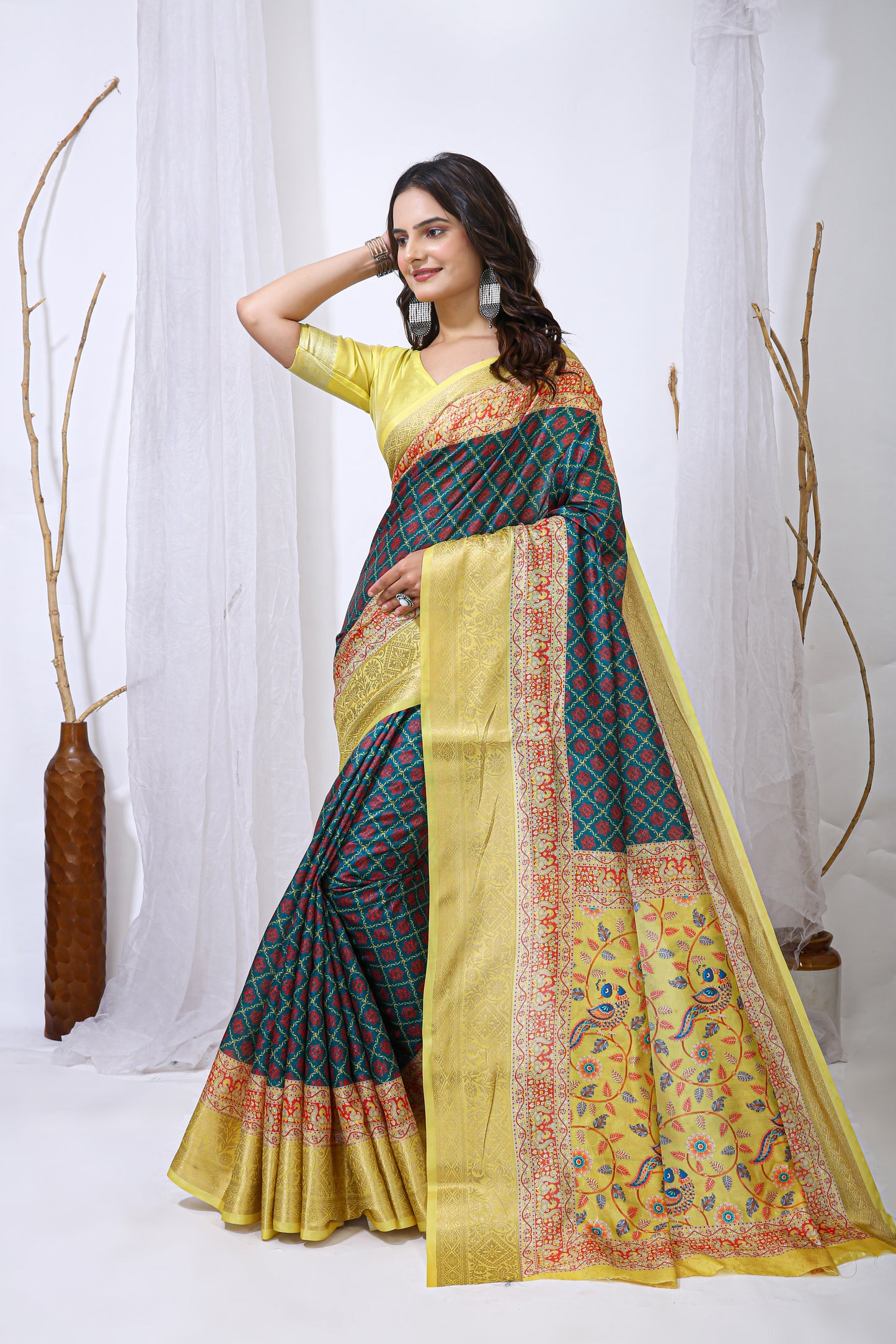 Yellow and Blue Color Dola Cotton Fabric Digital Print Saree With Blouse Piece