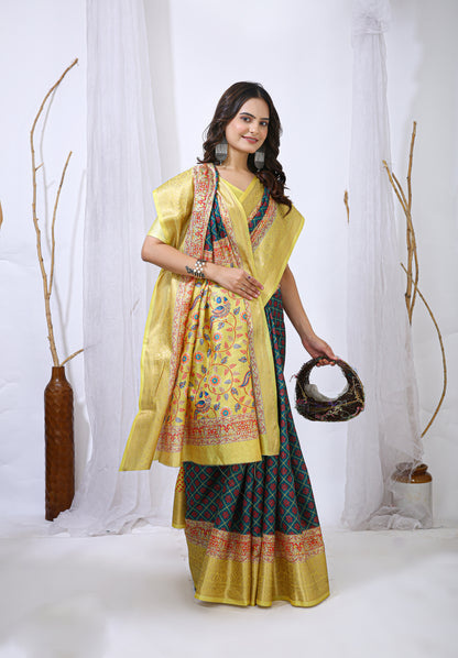 Yellow and Blue Color Dola Cotton Fabric Digital Print Saree With Blouse Piece