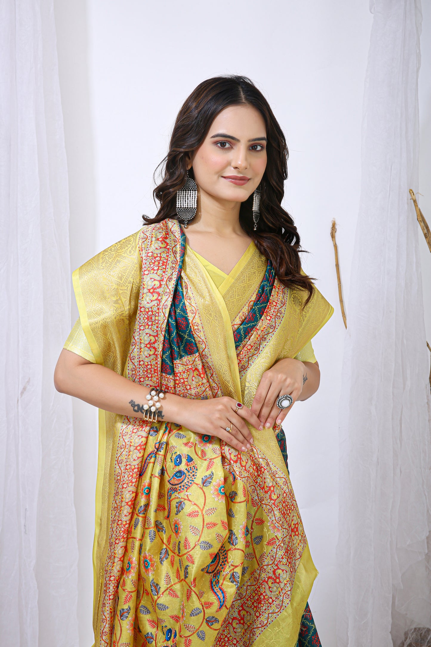 Yellow and Blue Color Dola Cotton Fabric Digital Print Saree With Blouse Piece