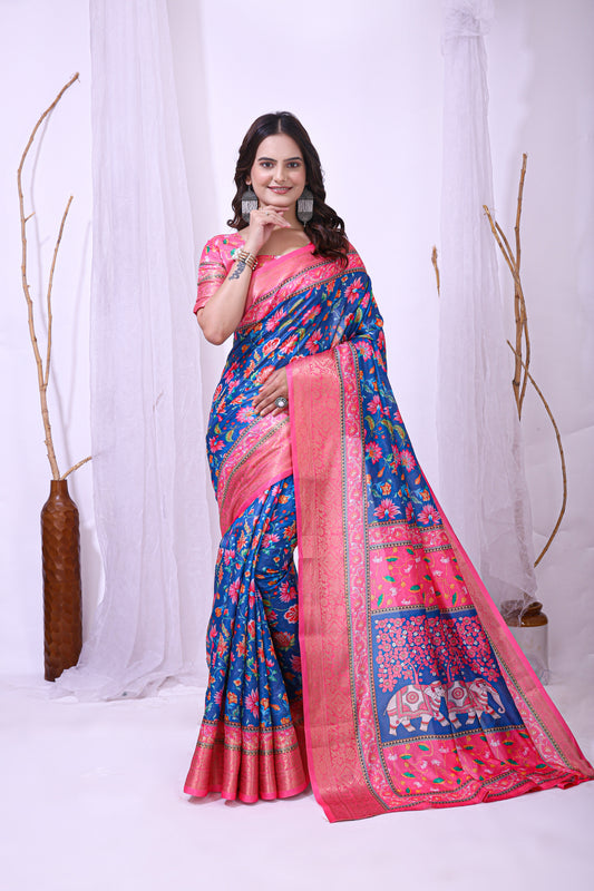 Blue and Pink Color Dola Cotton Fabric Digital Print Saree With Blouse Piece