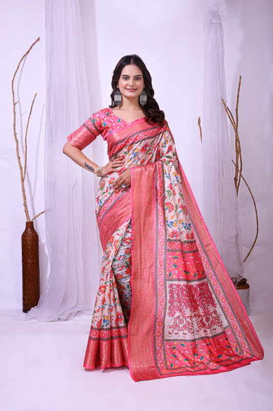 White and Pink Color Dola Cotton Fabric Digital Print Saree With Blouse Piece