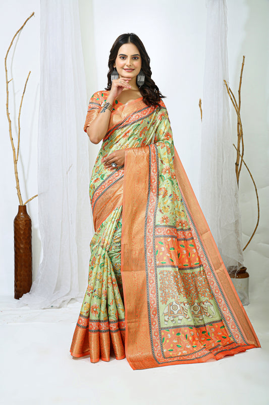 Pista and Orange Color Dola Cotton Fabric Digital Print Saree With Blouse Piece