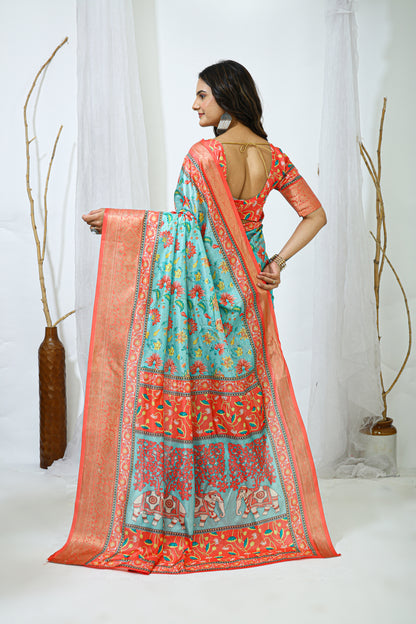 Orange and Light Blue Color Dola Cotton Fabric Digital Print Saree With Blouse Piece