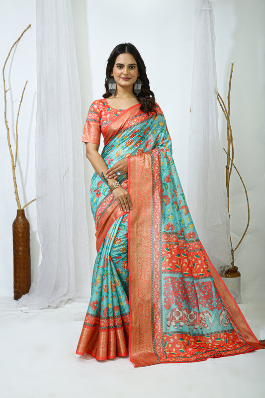 Orange and Light Blue Color Dola Cotton Fabric Digital Print Saree With Blouse Piece