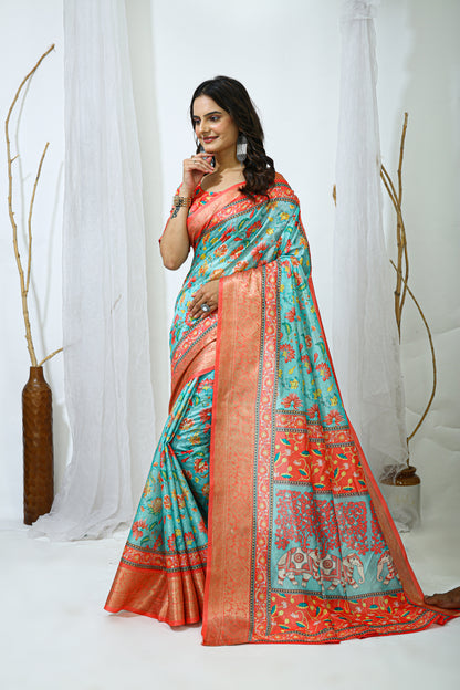 Orange and Light Blue Color Dola Cotton Fabric Digital Print Saree With Blouse Piece