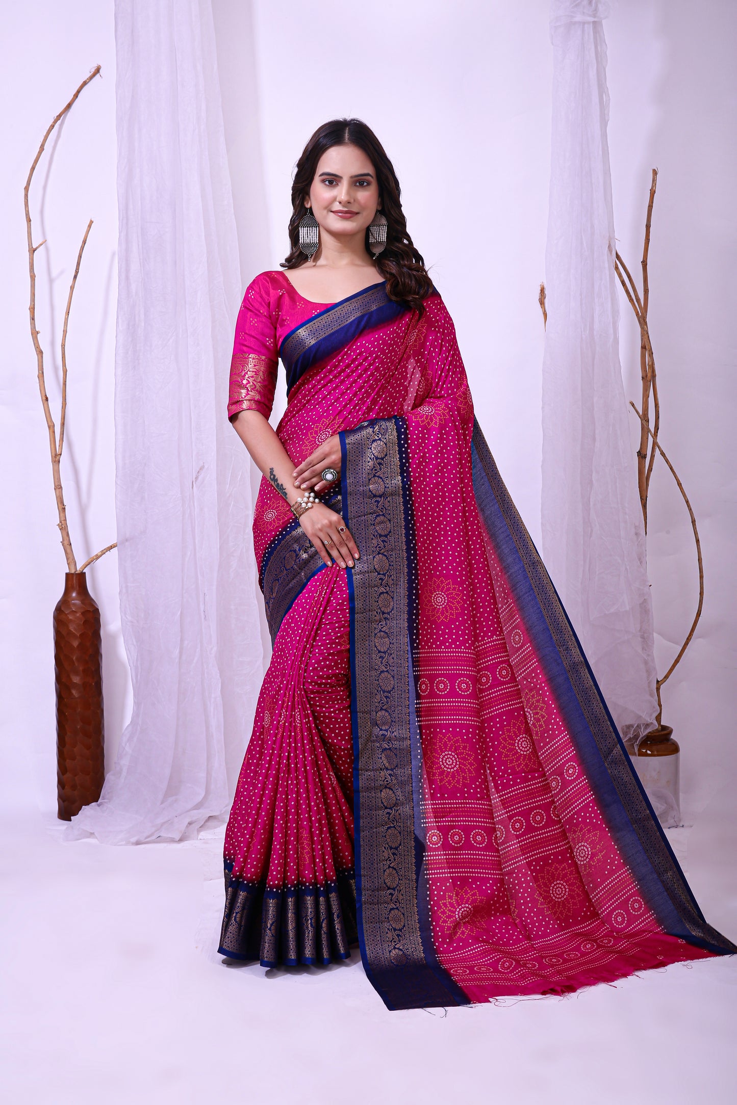 Pink Color Dola Cotton Fabric Kalamkari Print Saree With Printed Blouse Piece