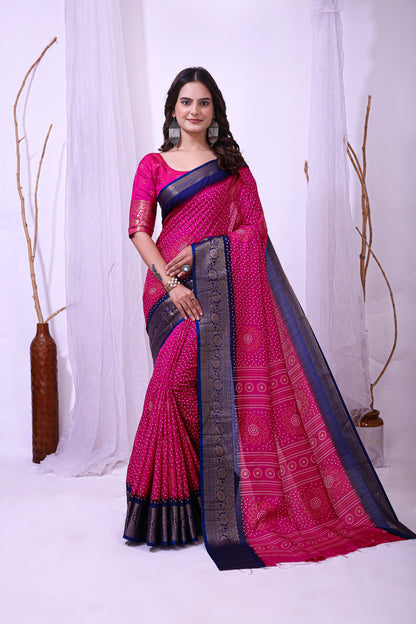 Pink Color Dola Cotton Fabric Kalamkari Print Saree With Printed Blouse Piece