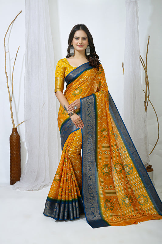 Mustard Color Dola Cotton Fabric Kalamkari Print Saree With Printed Blouse Piece