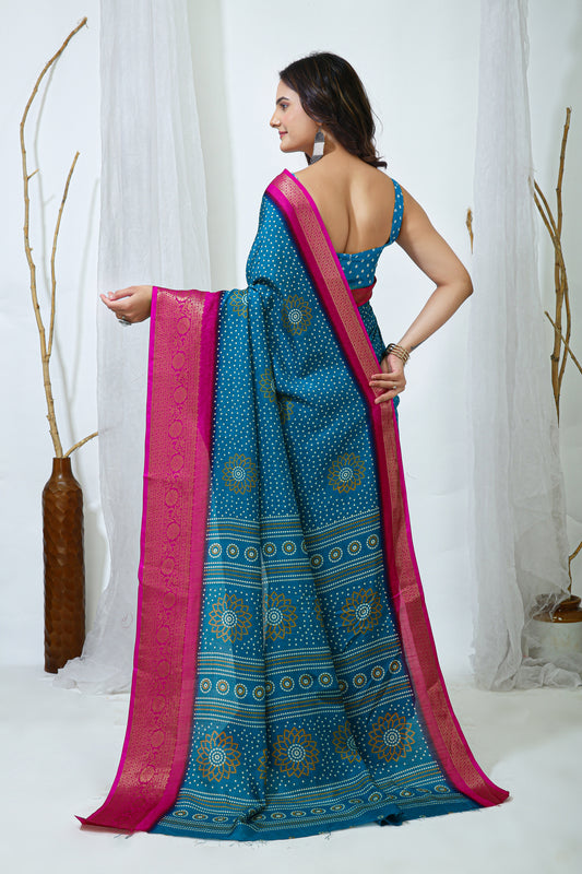 Blue Color Dola Cotton Fabric Kalamkari Print Saree With Printed Blouse Piece