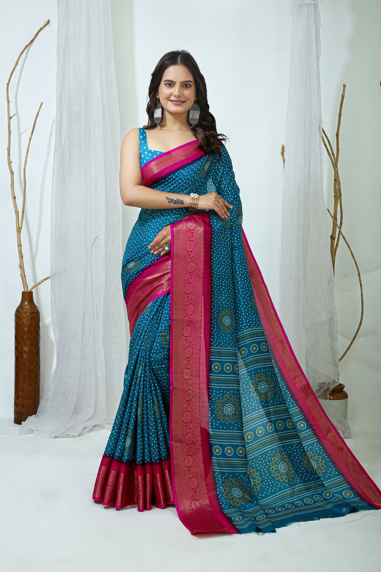 Blue Color Dola Cotton Fabric Kalamkari Print Saree With Printed Blouse Piece