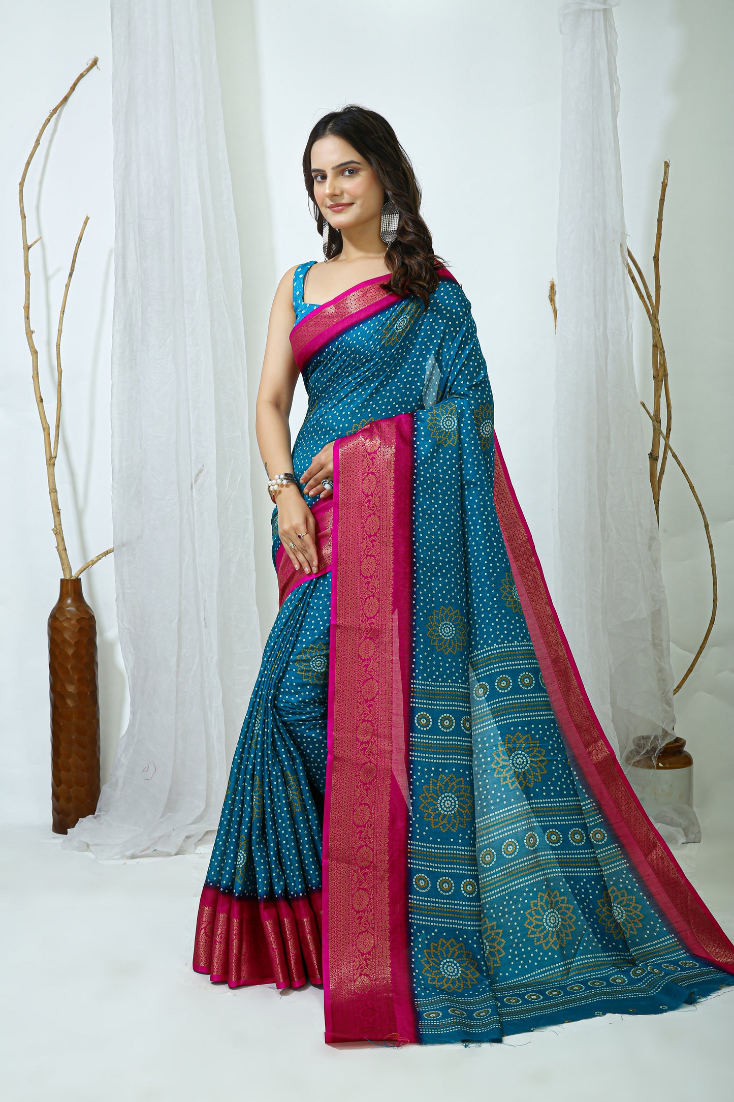Blue Color Dola Cotton Fabric Kalamkari Print Saree With Printed Blouse Piece