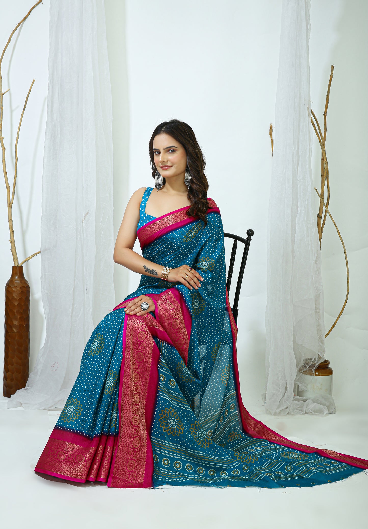 Blue Color Dola Cotton Fabric Kalamkari Print Saree With Printed Blouse Piece