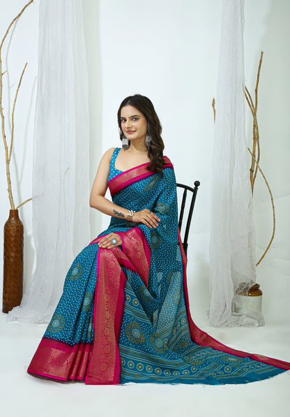 Blue Color Dola Cotton Fabric Kalamkari Print Saree With Printed Blouse Piece