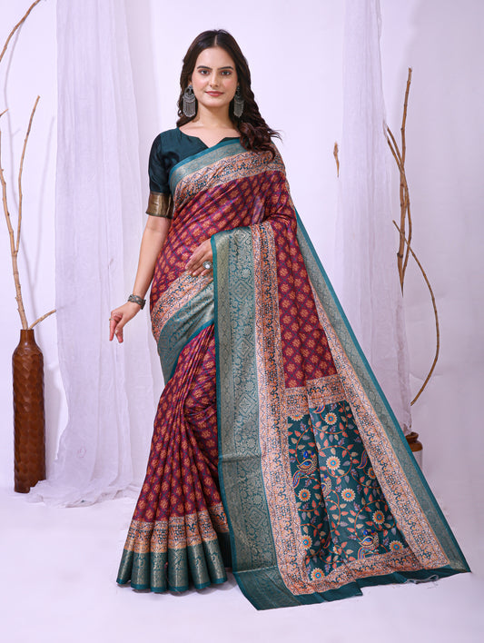 Red and Green Color Dola Cotton Fabric Digital Print Saree With Blouse Piece