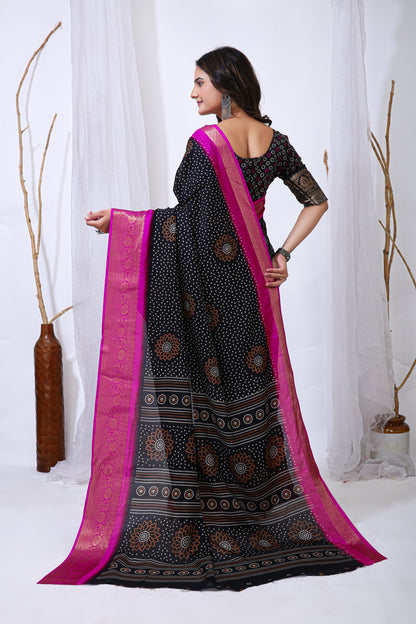 Black Color Dola Cotton Fabric Kalamkari Print Saree With Printed Blouse Piece