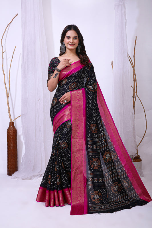 Black Color Dola Cotton Fabric Kalamkari Print Saree With Printed Blouse Piece