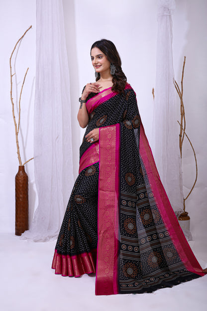 Black Color Dola Cotton Fabric Kalamkari Print Saree With Printed Blouse Piece