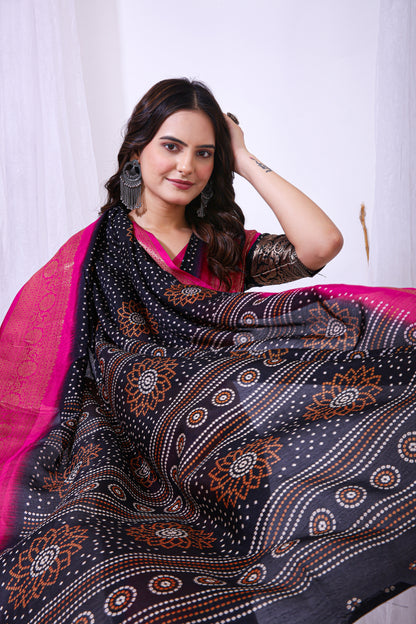 Black Color Dola Cotton Fabric Kalamkari Print Saree With Printed Blouse Piece