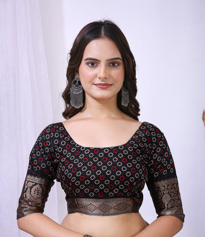 Black Color Dola Cotton Fabric Kalamkari Print Saree With Printed Blouse Piece