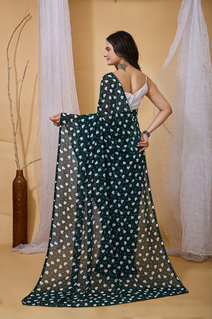 Green Color Georgette Fabric Heart Print Saree With Blouse Piece