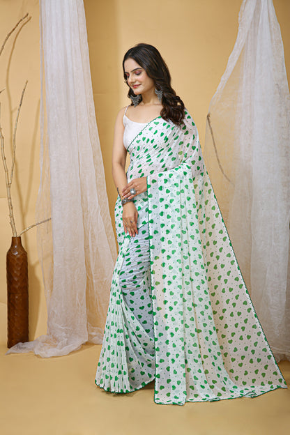 Sea Green Color Georgette Fabric Heart Print Saree With Blouse Piece
