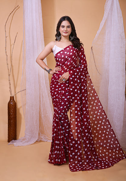 Maroon Color Georgette Fabric Heart Print Saree With Blouse Piece