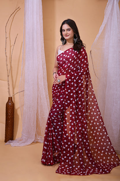 Maroon Color Georgette Fabric Heart Print Saree With Blouse Piece