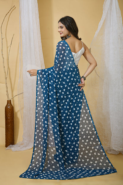 Navy Blue Color Georgette Fabric Heart Print Saree With Blouse Piece
