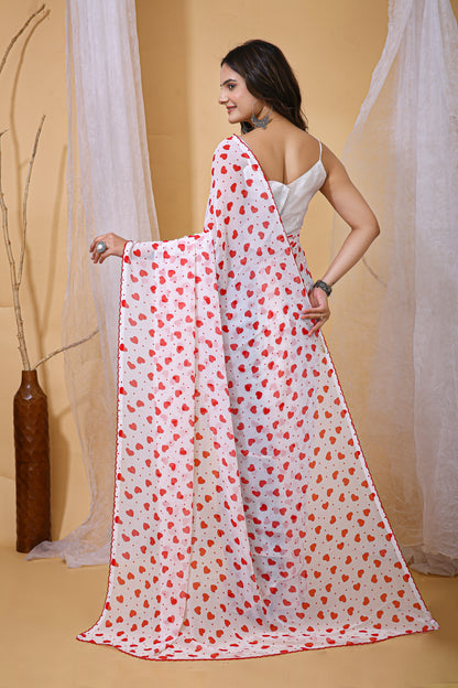White & Red Color Georgette Fabric Heart Print Saree With Blouse Piece