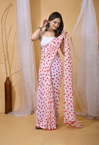 White & Red Color Georgette Fabric Heart Print Saree With Blouse Piece