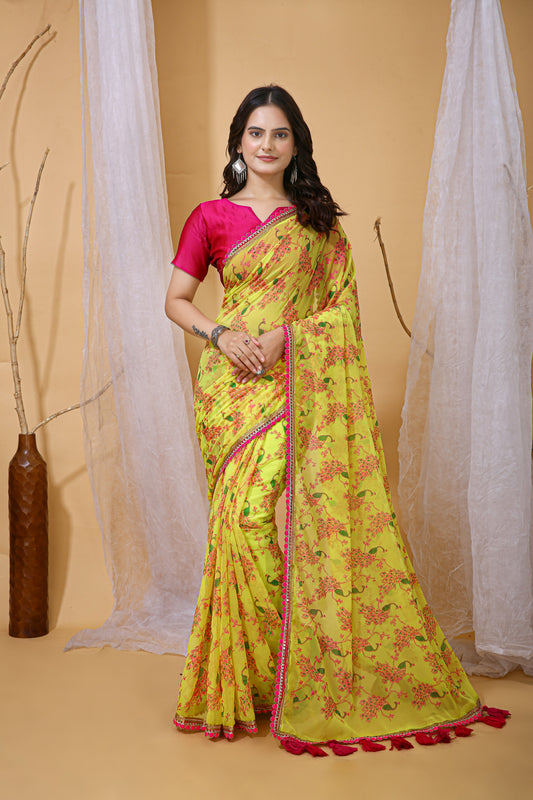 Lemon Yellow Color Georgette Fabric Digital Print Saree With Blouse Piece
