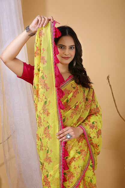 Lemon Yellow Color Georgette Fabric Digital Print Saree With Blouse Piece
