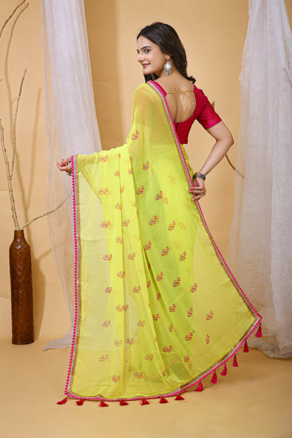 Lemon Yellow Color Georgette Fabric Digital Print Saree With Blouse Piece