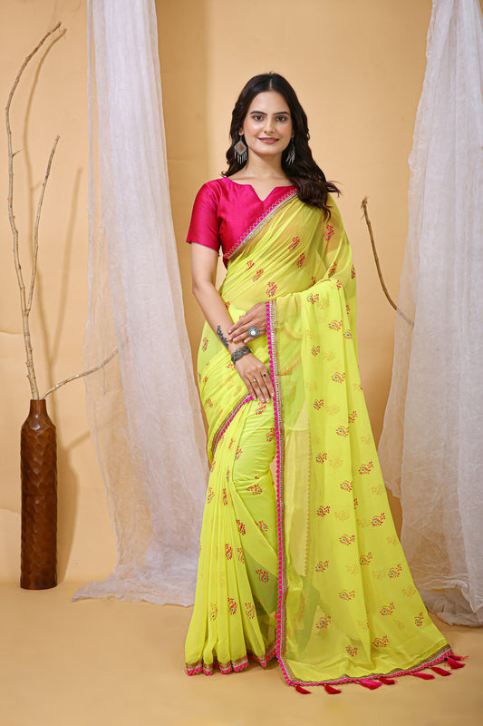 Lemon Yellow Color Georgette Fabric Digital Print Saree With Blouse Piece
