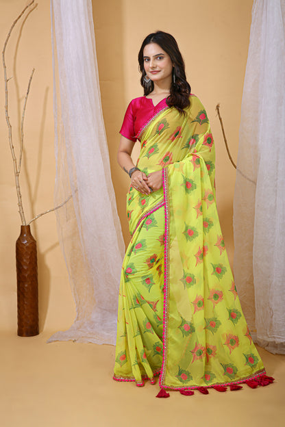 Lemon Yellow Color Georgette Fabric Digital Print Saree With Blouse Piece