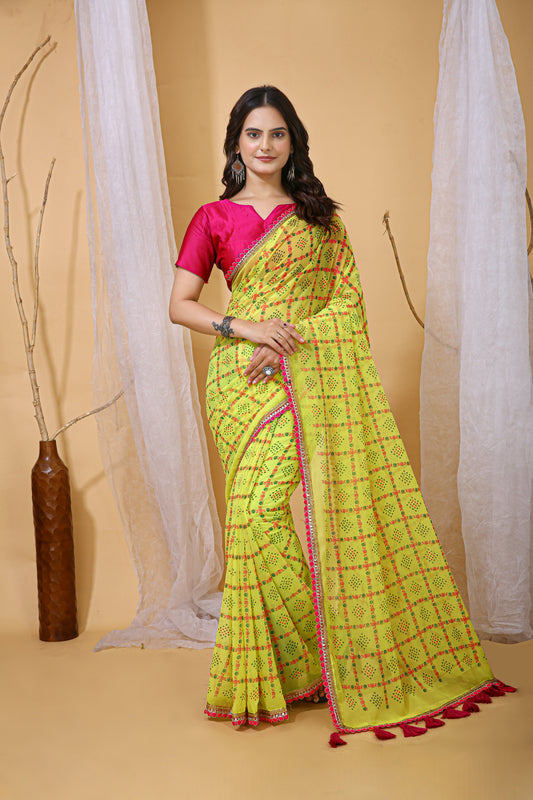 Lemon Yellow Color Georgette Fabric Digital Print Saree With Blouse Piece