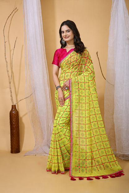 Lemon Yellow Color Georgette Fabric Digital Print Saree With Blouse Piece