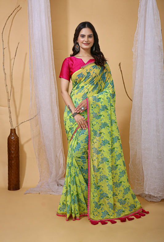 Parrot Green Color Georgette Fabric Digital Print Saree With Blouse Piece