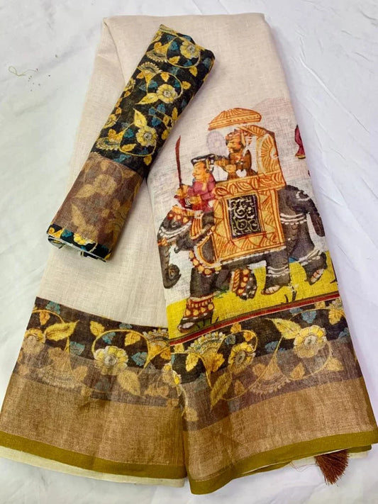 Graceful Beige Color Cotton Linen Saree With Unstitched Blouse Piece For Women