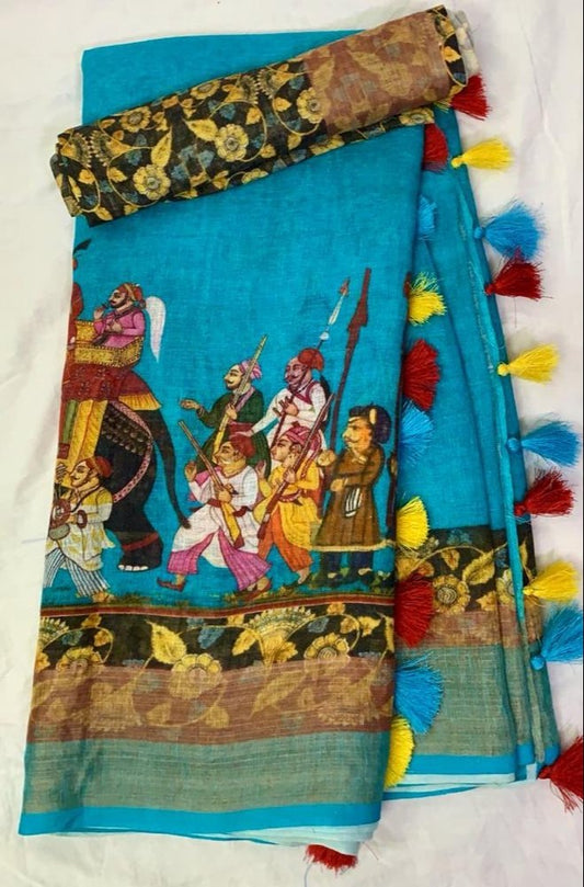 Stunning Blue Color Cotton Linen Saree With Unstitched Blouse Piece For Women