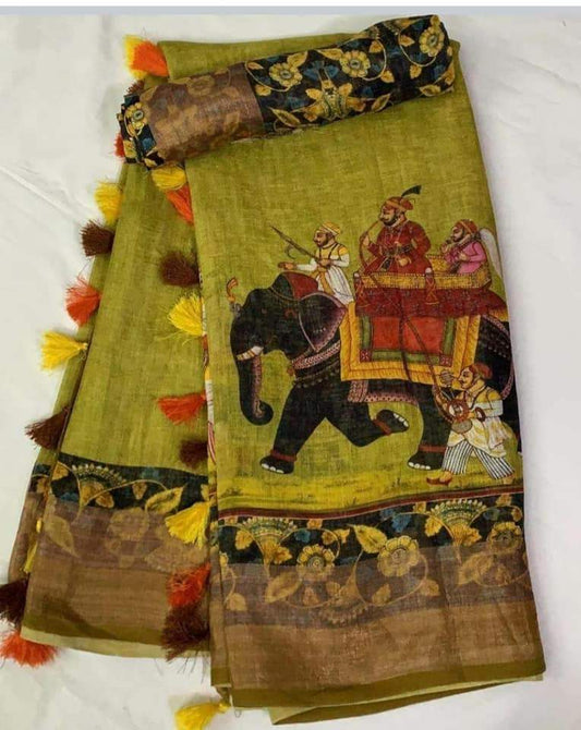 Ravishing Green Color Cotton Linen Saree With Unstitched Blouse Piece For Women