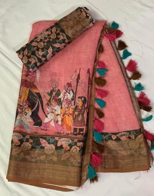 Luxurious Pink Color Cotton Linen Saree With Unstitched Blouse Piece For Women