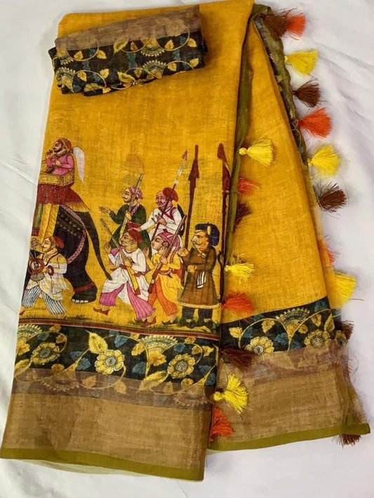 Enchanting Yellow Color Cotton Linen Saree With Unstitched Blouse Piece For Women