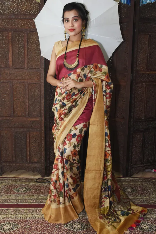 Elegent Coffee Color Cotton Linen Saree With Unstitched Blouse Piece For Women