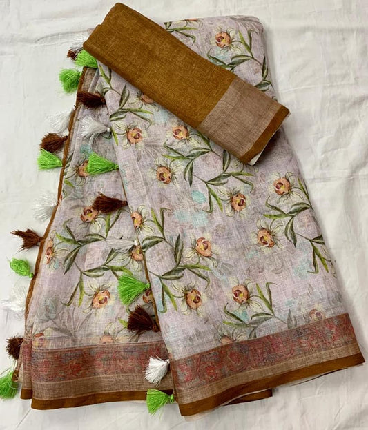 Gorgeous White and Brown Color Cotton Linen Saree With Unstitched Blouse Piece For Women
