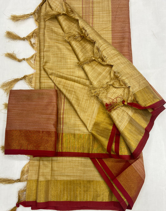 Charming Beige Color Cotton Linen Saree With Unstitched Blouse Piece For Women