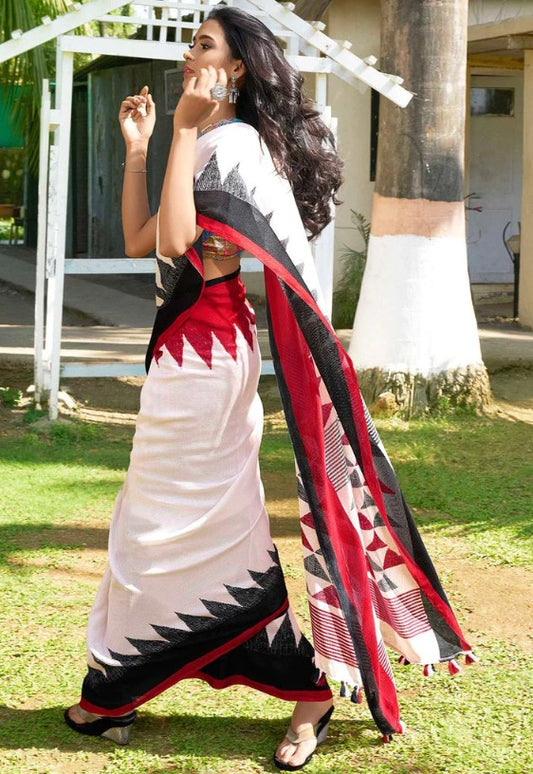 Dazzling White Color Cotton Linen Saree With Unstitched Blouse Piece For Women