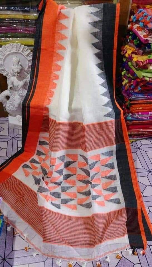 Elegant White and Orange  Color Cotton Linen Saree With Unstitched Blouse Piece For Women