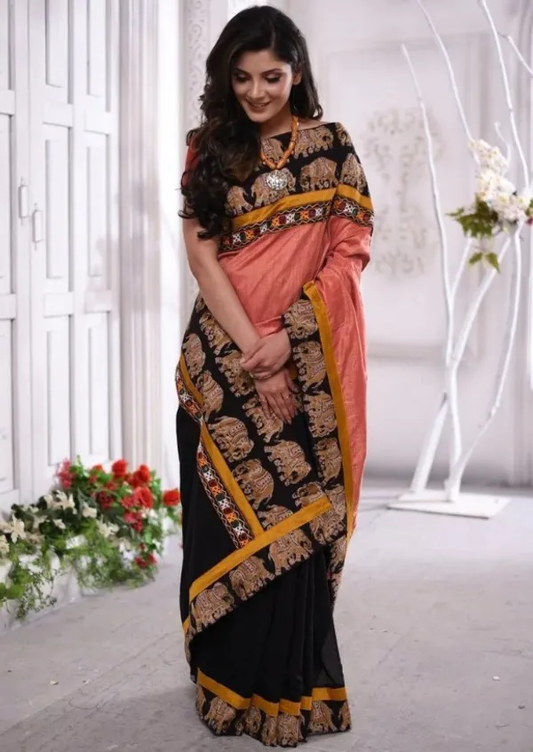 Majestic Black and Peach Cotton Linen Saree With Unstitched Blouse Piece For Women